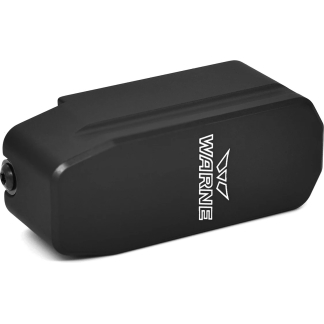 Close-up of a black rectangular device with rounded edges and a vertical white logo on the side, cropped to show branding only.3D perspective.