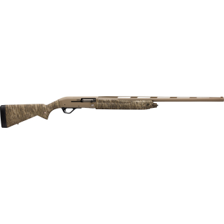 Semi-automatic hunting rifle with a beige receiver and camouflage stock, long camouflage fore-end and barrel.