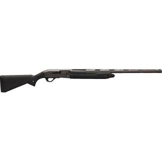 Side view of a black pump-action shotgun with a long barrel and textured stock, shown in profile from the left