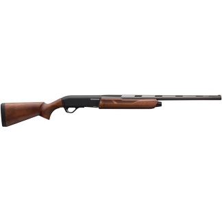 Side view of a long-barreled shotgun with a wooden stock and fore-end, shown in profile.