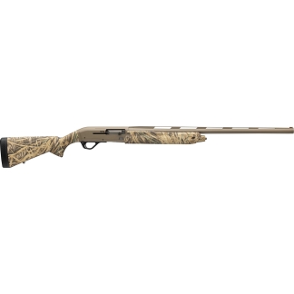 Camouflage-pattern hunting rifle with a long barrel and tan stock against a white background.