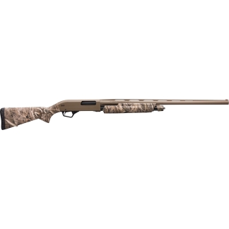 Pump-action hunting shotgun with tan camouflage finish on stock and fore-end, shown in profile.