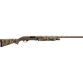 Camouflage-patterned semi-automatic shotgun with long brown barrel and brown receiver, shown in profile (hunting style).