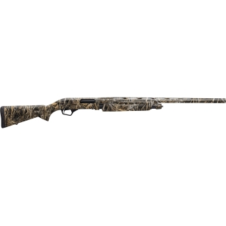 Camouflage-pattern pump-action shotgun shown in a side view, long barrel for hunting or sport shooting