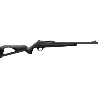 Black bolt-action rifle shown in profile with a long barrel and synthetic stock often used for precision shooting (no scope).