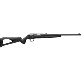 Black bolt-action rifle shown in side profile with a textured synthetic stock and long barrel, product-style image