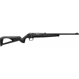Modern bolt-action rifle with a black synthetic stock and long barrel.