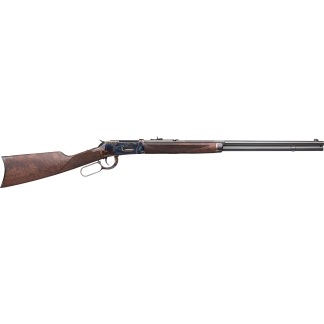 Lever-action rifle with a dark wooden stock and long barrel laid horizontally