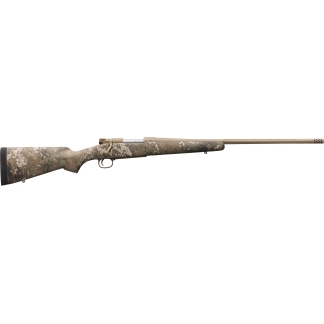 Bolt-action rifle with camouflage-pattern stock and tan barrel, shown in profile from the left side