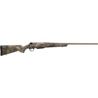 Camouflage-pattern bolt-action hunting rifle with a long brown barrel, isolated on white