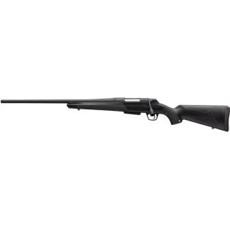 Side view of a black pump-action shotgun with a long barrel and synthetic stock