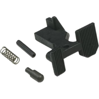 Disassembled small black plastic clamp with ribbed jaws and accompanying spring, pin, and small cap pieces