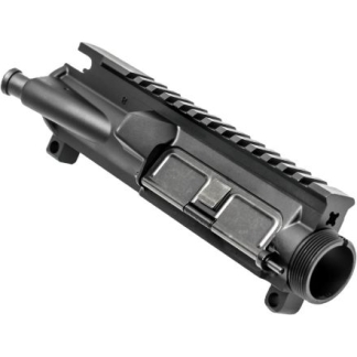 Black AR‑15 style upper receiver with a long Picatinny rail, shown at an angle.