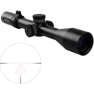 Black rifle scope with adjustment dials and a long eyepiece, angled to the right; inset shows a red-dotted reticle in a circular view.