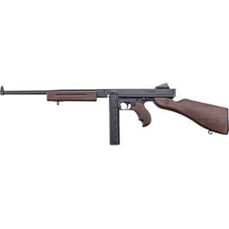 Wood-stocked Thompson submachine gun with a long barrel and vertical magazine