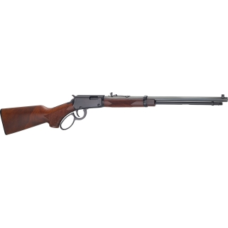 Lever-action rifle with a dark wooden stock and long blued barrel, shown in profile as a hunting firearm.