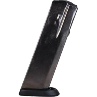 Detachable pistol magazine in black, with a few rounds visible at the top, resting on a base.