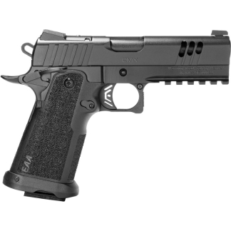 Side view of a black semi-automatic pistol with a textured grip, external hammer, trigger guard, and accessory rail, labeled 9mm on the slide.