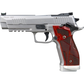 Side view of a silver SIG Sauer P226 X-Five pistol with a red textured grip