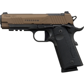 Side view of a tan-and-black SIG Sauer Freedom X 1911 semi-automatic pistol with textured grip and raised sights (product photo).