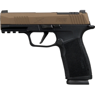 Compact handgun side view: tan slide marked P365 atop a black frame with textured grip.
