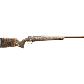 Bolt-action hunting rifle with a camo-pattern stock and long tan barrel, shown in side profile.