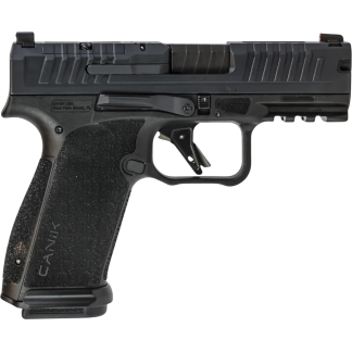 Canik brand semi-automatic pistol shown in left-side profile with textured grip and black slide, on white background.