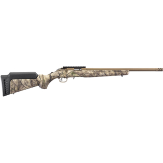 Camouflage-pattern bolt-action hunting rifle shown in profile with a long barrel and black recoil stock pad, facing right.