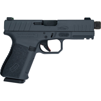 Side view of a dark gray TriStar pistol with a textured grip and slotted slide against a white background.