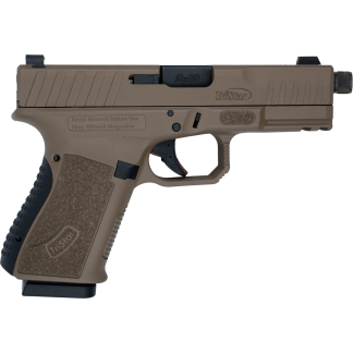 Side view of a tan compact pistol with textured grip and 9x19 marking on the slide (TriStar logo)
