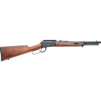 Lever-action rifle with a wooden stock and fore-end, side lever, and metal barrel shown in profile.