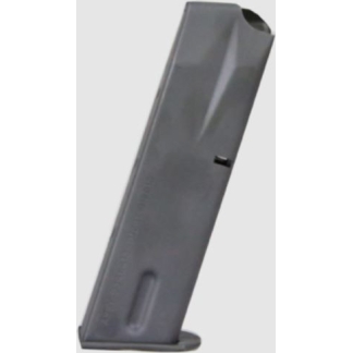 Gray metal pistol magazine oriented upright with a round baseplate, used to feed rounds into a semi-automatic handgun