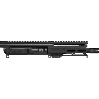 Close-up of a black modular rifle upper receiver with a long Picatinny rail and muzzle device (tactical firearm component).