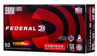 Federal 9mm Luger Syntech ammunition box with a red and black design, showing 50 centerfire cartridges and 150 grain load.
