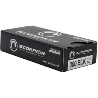 Box of Scorpion Ammo labeled 300 BLK, 147 grain FMJ aviation-style packaging for rifle ammunition (informational image).