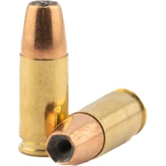 Two copper-jacketed bullets with brass casings, one standing upright and one lying on its side against a white background