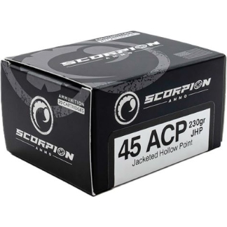 Box of Scorpion Ammunition 45 ACP Jacketed Hollow Point, 230 grain JHP, 20 cartridges