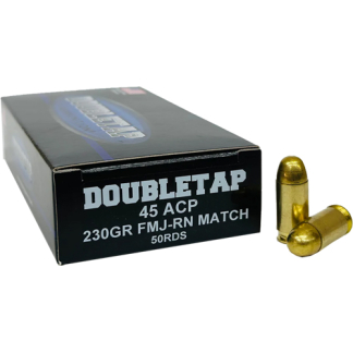 Box of DoubleTap .45 ACP ammunition with two brass bullets beside it; label reads 'DOUBLETAP .45 ACP, 230GR FMJ-RN MATCH, 50RDS'