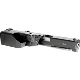Disassembled semi-automatic pistol: a slide with barrel on the right and the frame separated on the left, shown on a white background.
