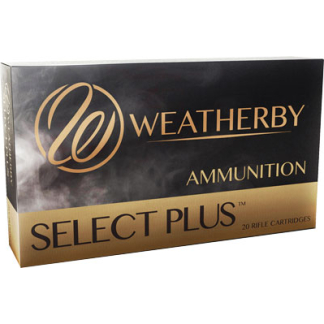 Weatherby Select Plus ammunition box with gold and black design, 20 rifle cartridges