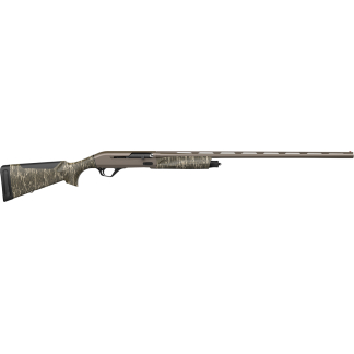 Side-profile view of a long-barreled semi-automatic hunting shotgun with a brown receiver, camouflage stock and fore-end, and a vented fore-end.