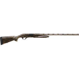 Camouflage-pattern hunting shotgun with a long vented barrel and synthetic recoil pad on white background.