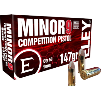 Box of MINOR9 Competition Pistol ammunition (9mm, 147 gr), with two cartridges shown in front of the box; product packaging dominates the image.
