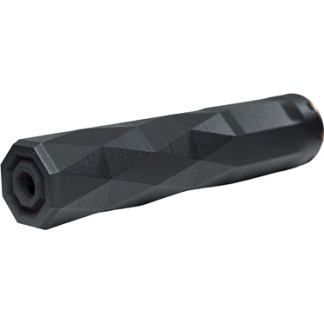 Black, faceted cylindrical tool handle with a hex socket opening on the left end.