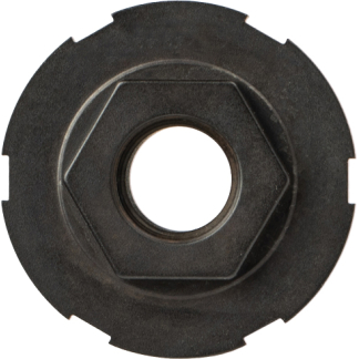 Circular black metal fastening nut with a hexagonal inner bore and a central hole, viewed from above