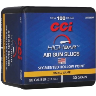 Front of blue CCI High-Barrier air gun slugs box with segmented hollow point, 22 caliber (.217 in), 30 grain.