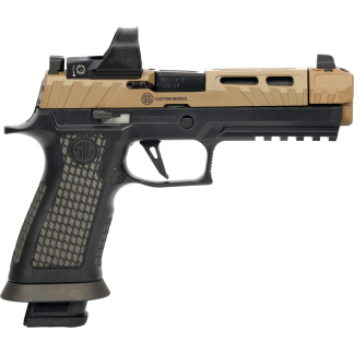 Side view of a tan and black semi-automatic handgun with a textured grip and custom tan slide marked 'SIG CUSTOM WORKS' against a white background