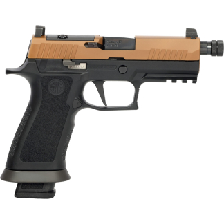 Close-up side view of a semi-automatic pistol with a tan/orange slide and black grip.