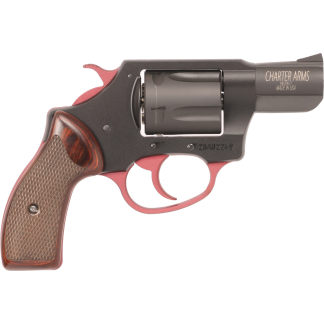 Revolver handgun shown in a side view with a wooden grip, hammer cocked, and muzzle pointing right.