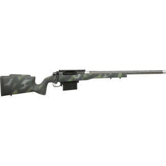 Camouflage-patterned bolt-action rifle laid horizontally with a Picatinny rail and detachable magazine, against a white background, viewed from the side.